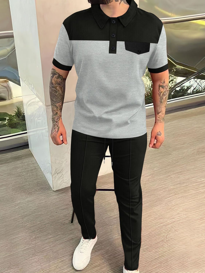 Men's Full Size Waffle-Knit Contrast Top and Pants Set Plus Size