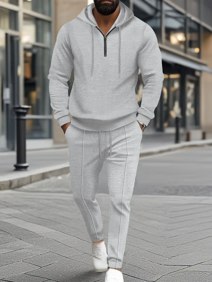 Men's Full Size Waffle-Knit Half Zipper Hoodie and Pants Set Plus Size for Comfort