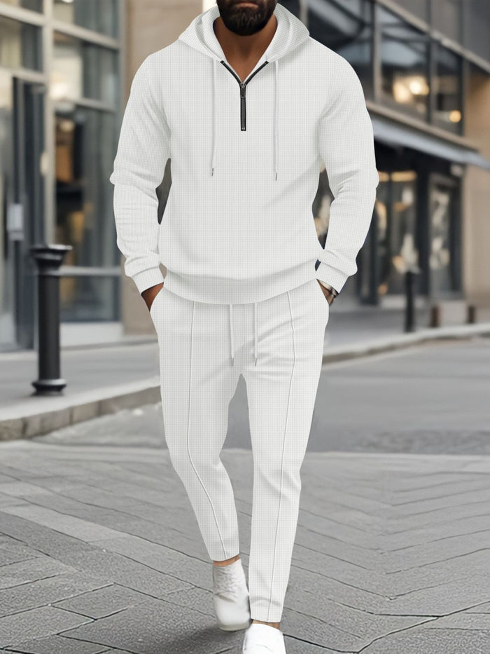 Men's Full Size Waffle-Knit Half Zipper Hoodie and Pants Set Plus Size for Comfort