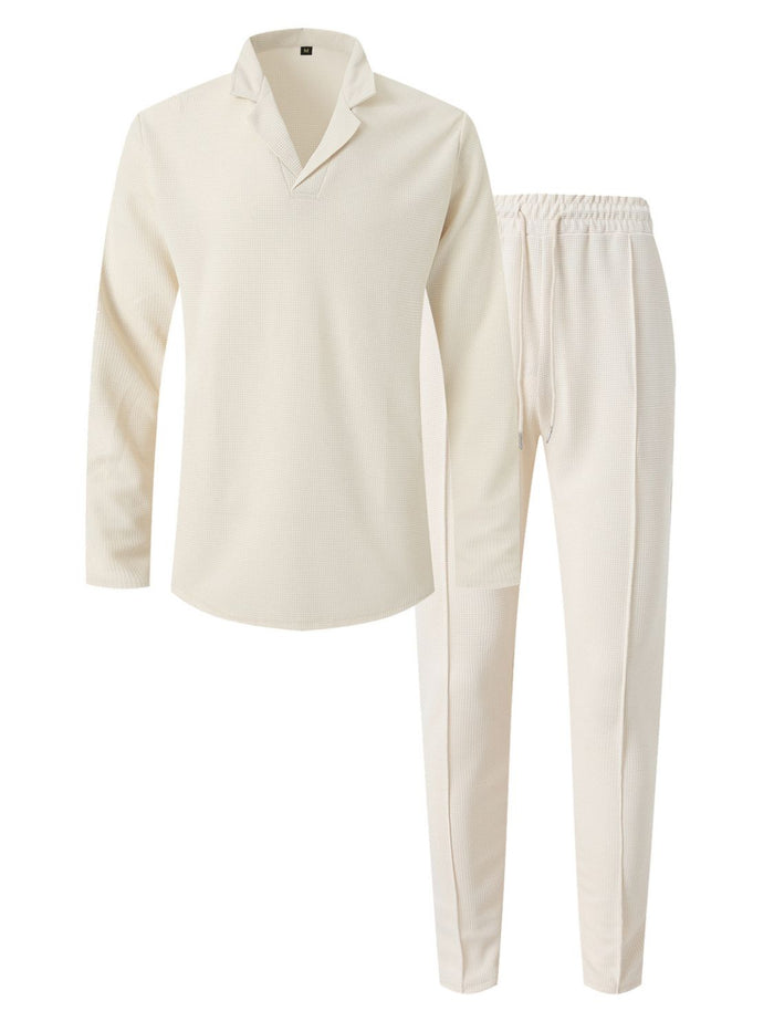 Men's Full Size Waffle-Knit Long Sleeve Top and Pants Set Plus Size Comfort for Every Occasion