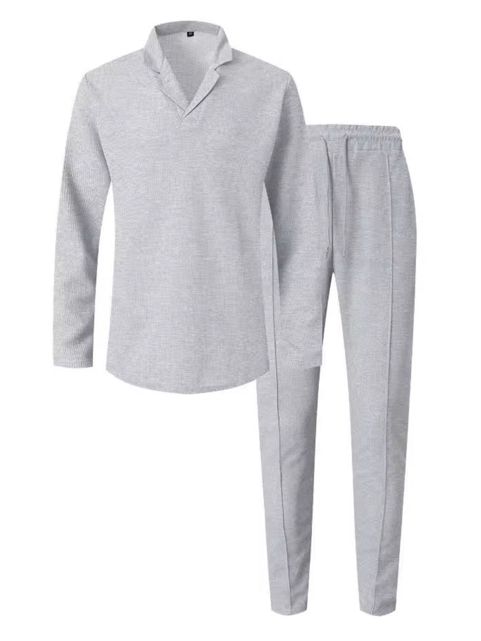 Men's Full Size Waffle-Knit Long Sleeve Top and Pants Set Plus Size Comfort for Every Occasion