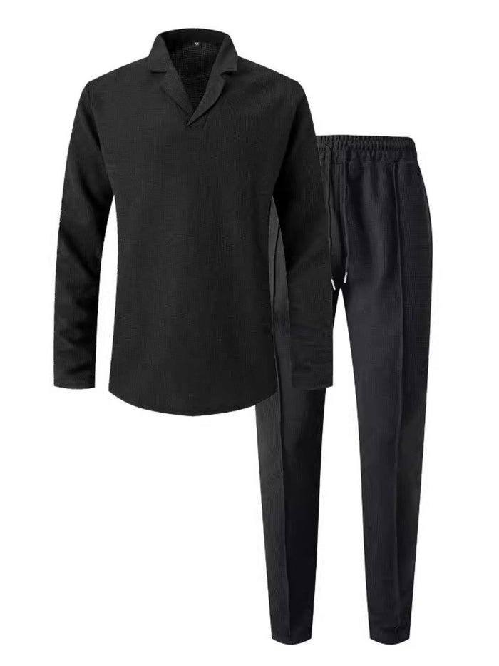 Men's Full Size Waffle-Knit Long Sleeve Top and Pants Set Plus Size Comfort for Every Occasion