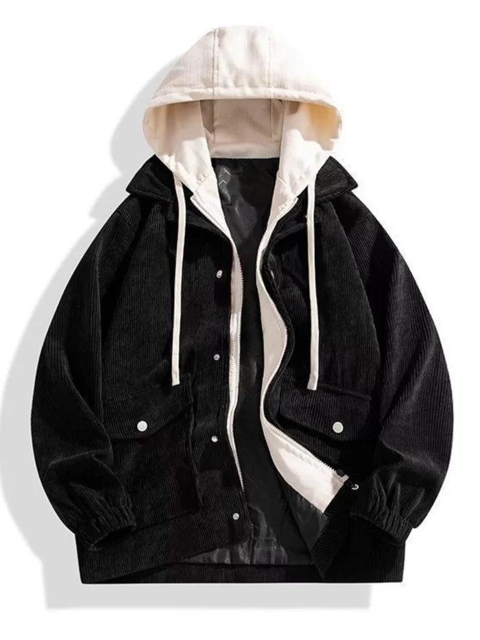Men's Plus Size Casual Corduroy Snap Down Hooded Jacket