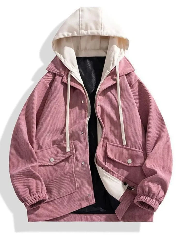 Men's Plus Size Casual Corduroy Snap Down Hooded Jacket