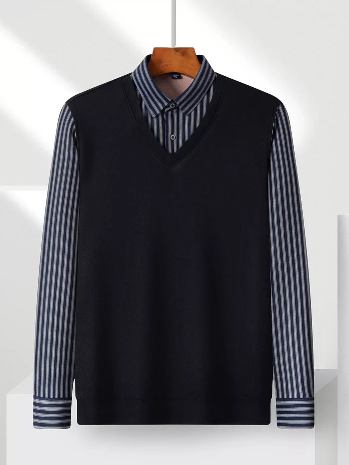 Men's Plus Size Striped Long Sleeve Fake Two-Piece Knit Top