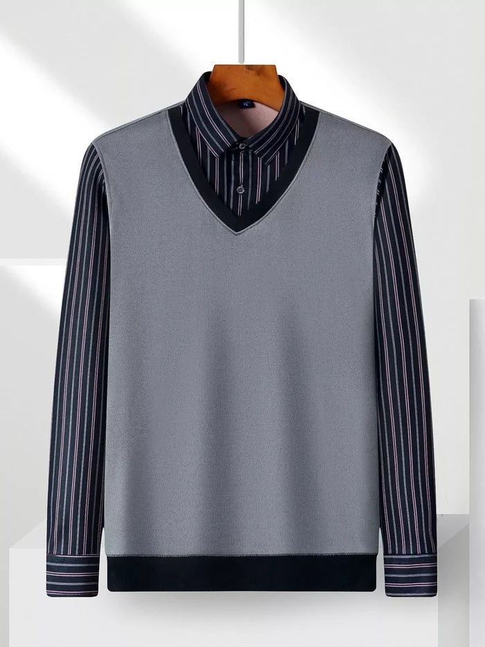 Men's Plus Size Striped Long Sleeve Fake Two-Piece Knit Top