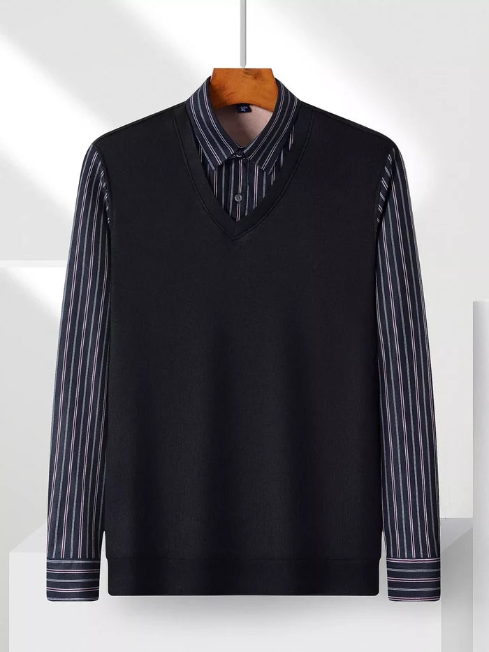 Men's Plus Size Striped Long Sleeve Fake Two-Piece Knit Top