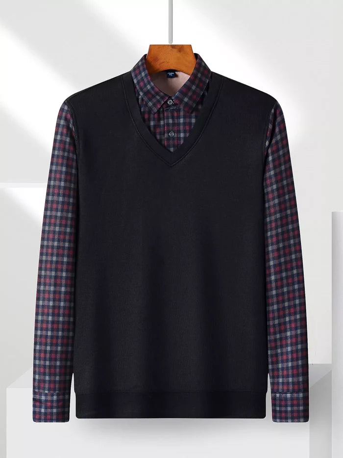 Men's Plus Size Striped Long Sleeve Fake Two-Piece Knit Top
