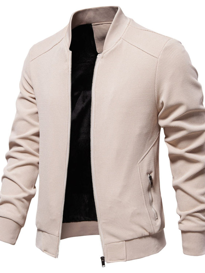 Men's Waffle Knit Baseball Collar Zip Up Jacket for Style
