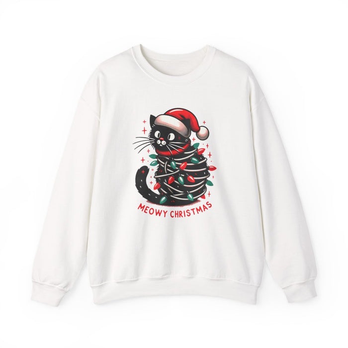 light pink sweatshirt with meowy christmas cat design