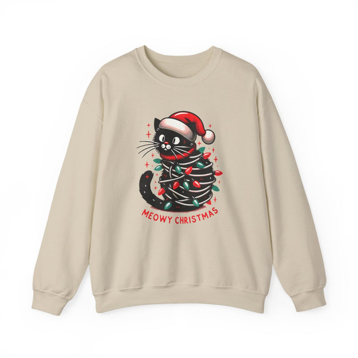 sand sweatshirt with meowy christmas cat graphic print