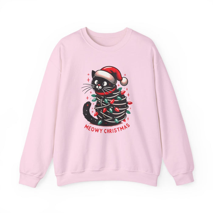 white sweatshirt with meowy christmas cat festive design