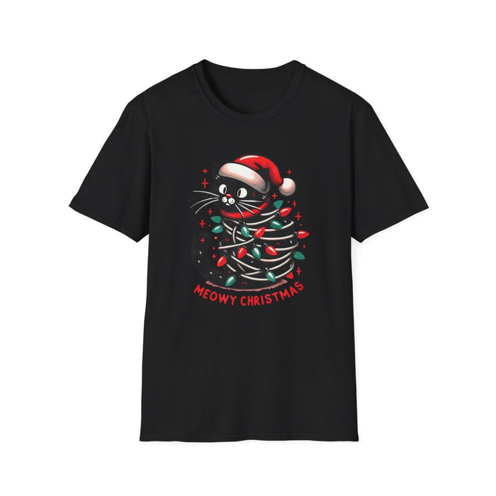 white t-shirt with playful cat wrapped in festive lights and meowy christmas text