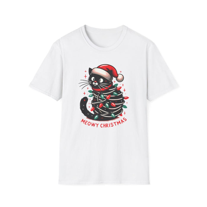 black t-shirt with funny holiday cat graphic and colorful christmas lights