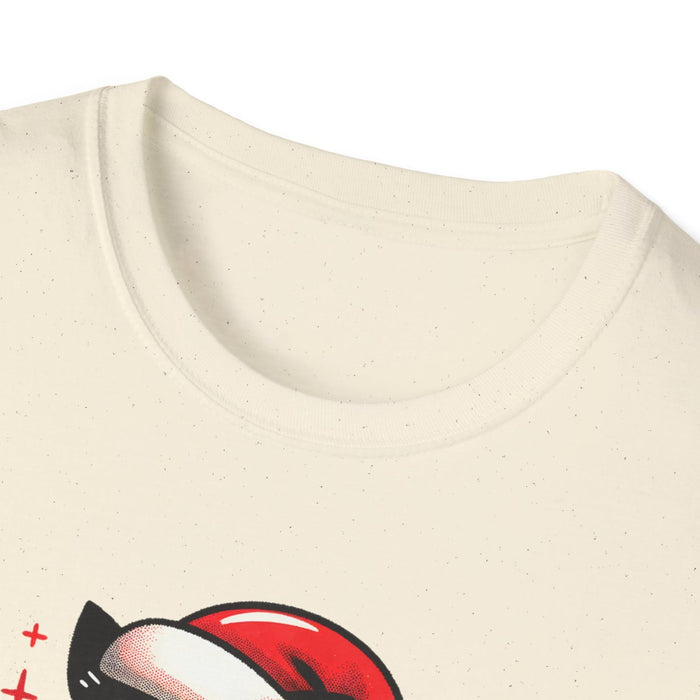 meowy christmas cat t-shirt detail showing bold printed graphic on soft cotton