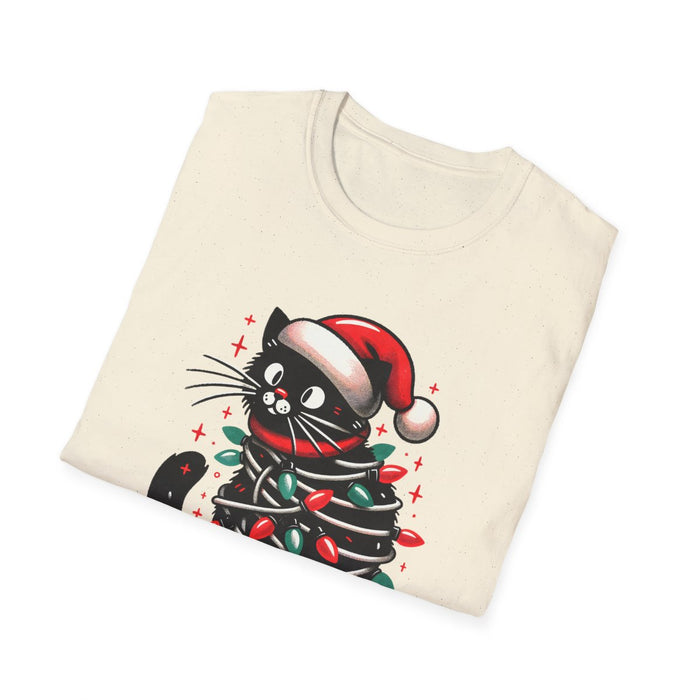 light blue meowy christmas cat t-shirt flat lay showing full design and color