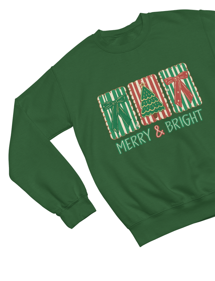green sweatshirt with merry and bright christmas cookie coquette bow design