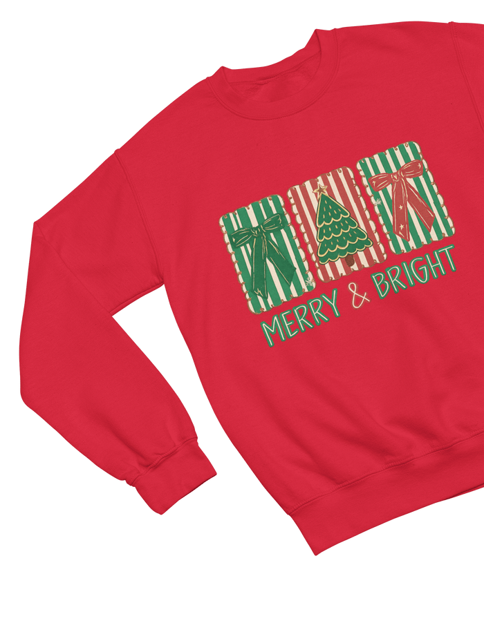 red sweatshirt with festive cookie tree and coquette bow christmas print