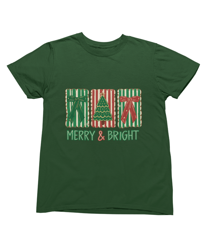 green t-shirt with merry and bright coquette cookie christmas design