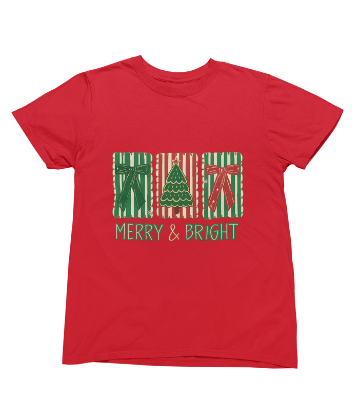 red t-shirt with festive cookie and bow christmas print
