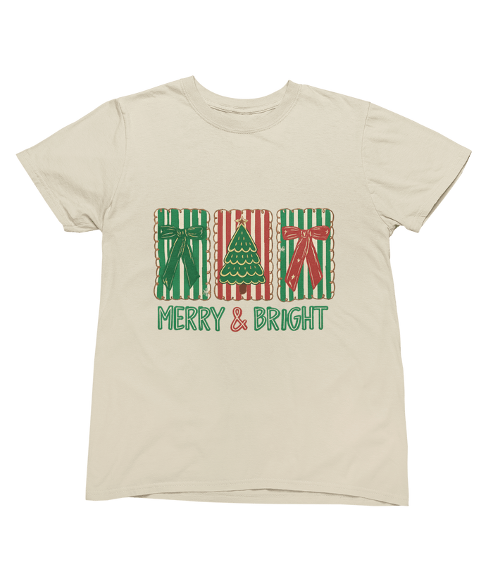 beige t-shirt with christmas biscuit and coquette bow graphic