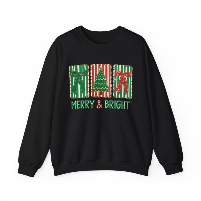 navy sweatshirt featuring merry and bright holiday graphic print