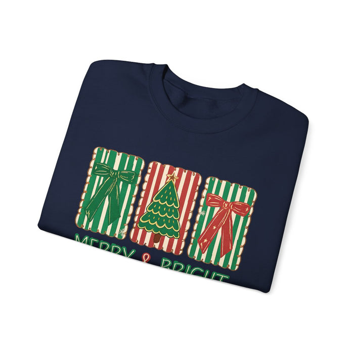 merry and bright christmas sweatshirt shown in multiple colours