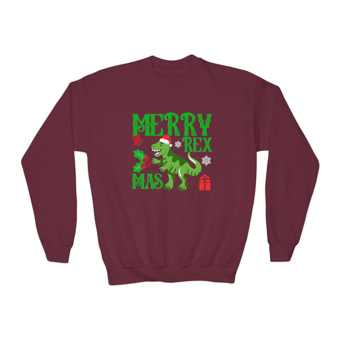 maroon sweatshirt with merry rex dinosaur christmas design for kids