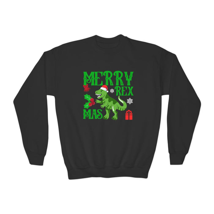 navy youth sweatshirt with playful roaring dinosaur holiday graphic