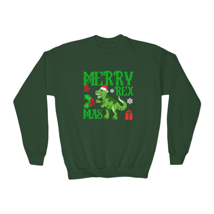black kids sweatshirt featuring festive merry rex dinosaur print