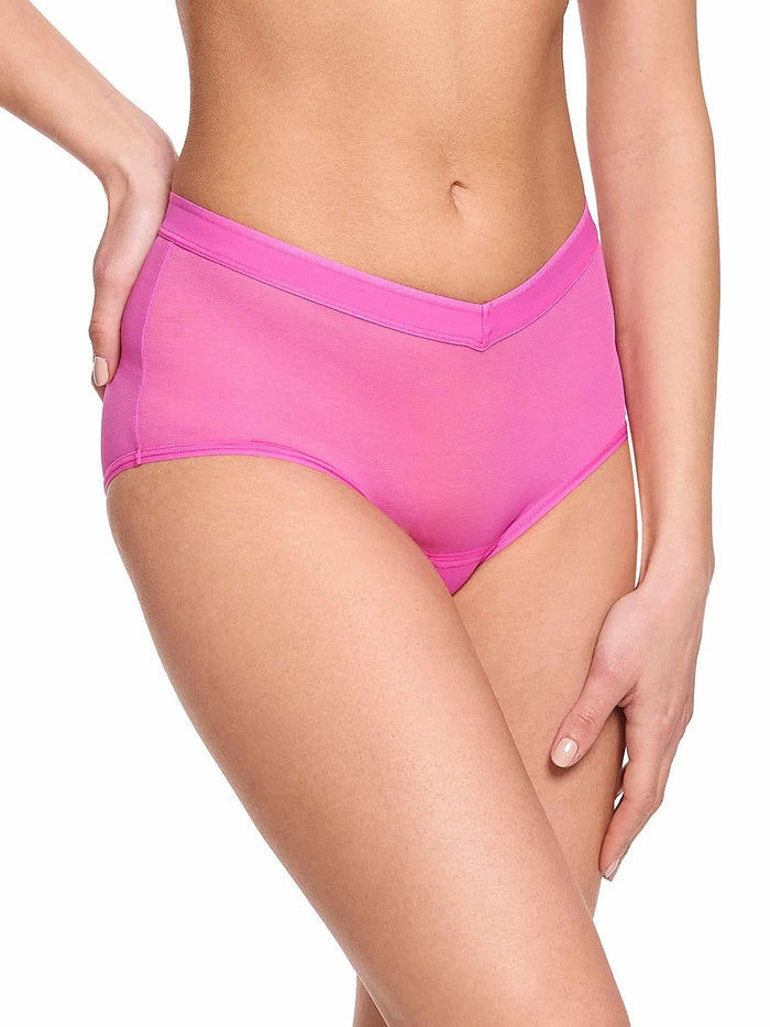 Berry Burst Pink Mesh Boyshort - Front Side View, V-Waist Detail On Model | Hanky Panky