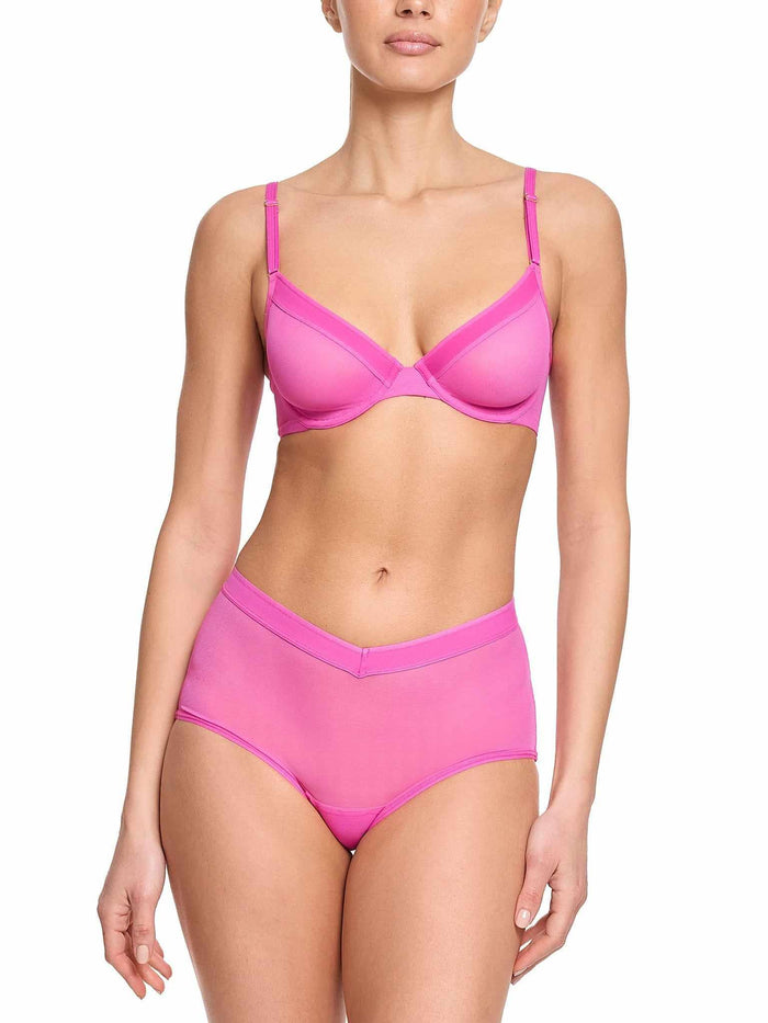 Berry Burst Pink Mesh Boyshort - Front View, Matching Set with Bra On Model | Hanky Panky