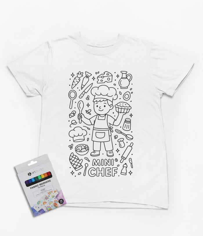 white kids t-shirt with mini chef colour-in cooking design featuring whisks and vegetables