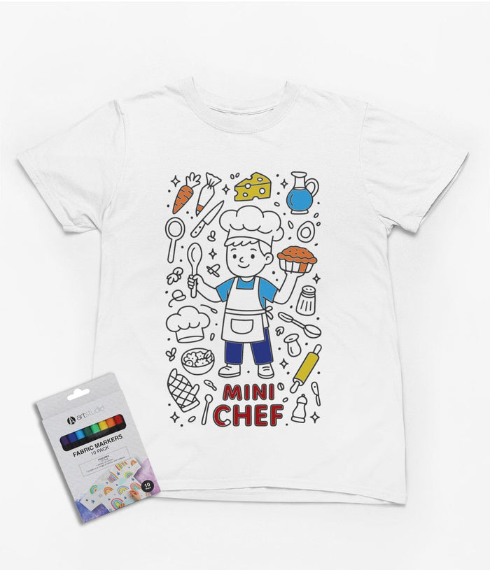 natural kids t-shirt with mini chef colour-in cooking design for creative play