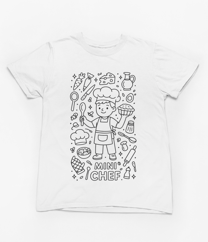 pale blue kids t-shirt with mini chef colour-in kitchen design for young chefs