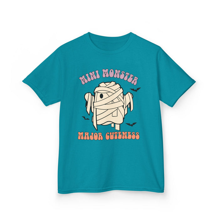tropical blue t-shirt with adorable mini monster mummy design for kids halloween