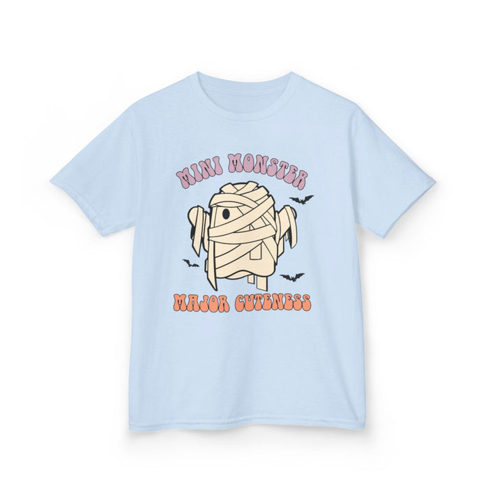 daisy yellow kids halloween t-shirt with retro style monster mummy print