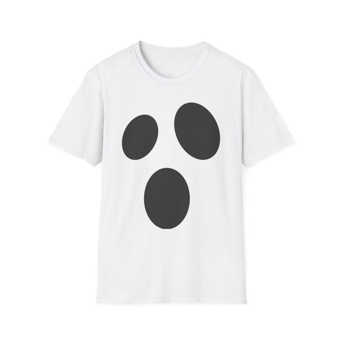 white t-shirt with minimalist ghost face design