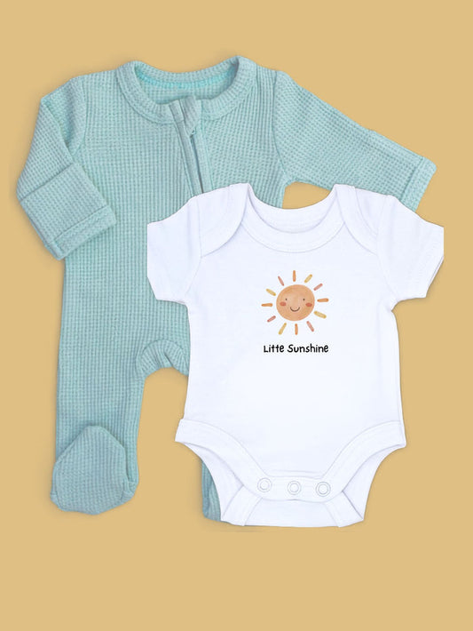Mint zipped Sleepsuit & 'Little Sunshine' Motif Bodysuit Set. Set Little Dreamer