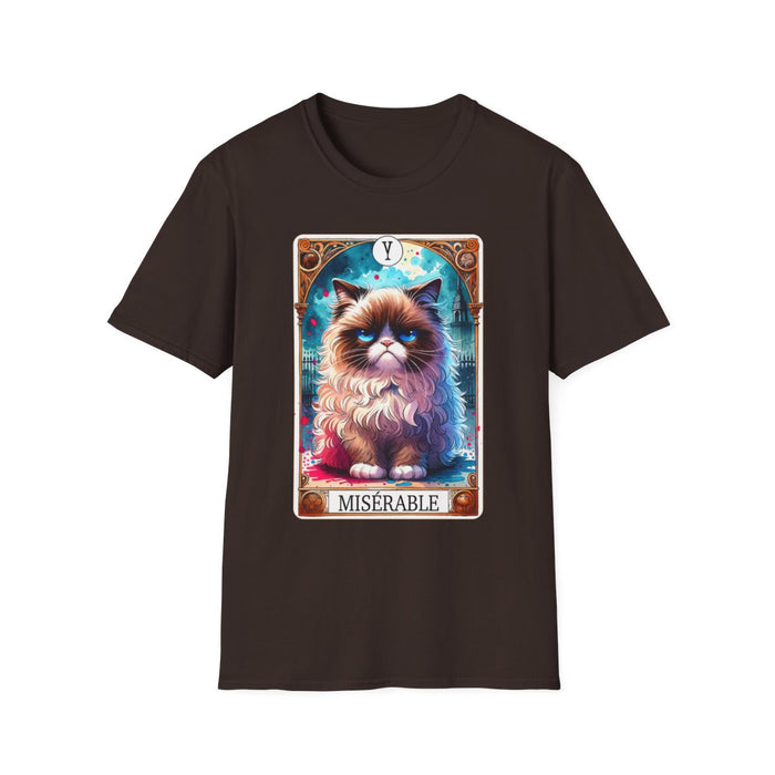 black t-shirt with miserable grumpy cat tarot card design