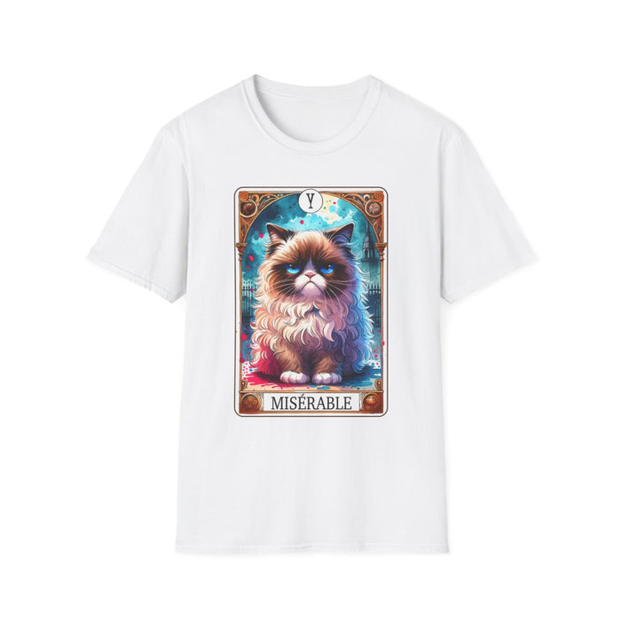navy t-shirt with funny miserable cat tarot print