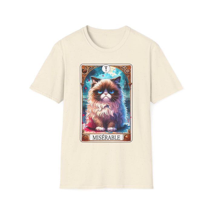 royal blue t-shirt displaying bold grumpy cat tarot design