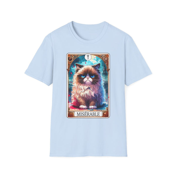 close-up of miserable grumpy cat tarot print on cotton t-shirt