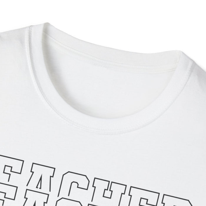 light blue t-shirt close-up of layered script typography teacher design
