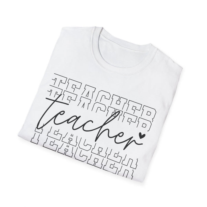 white t-shirt worn showing modern teacher script typography front graphic