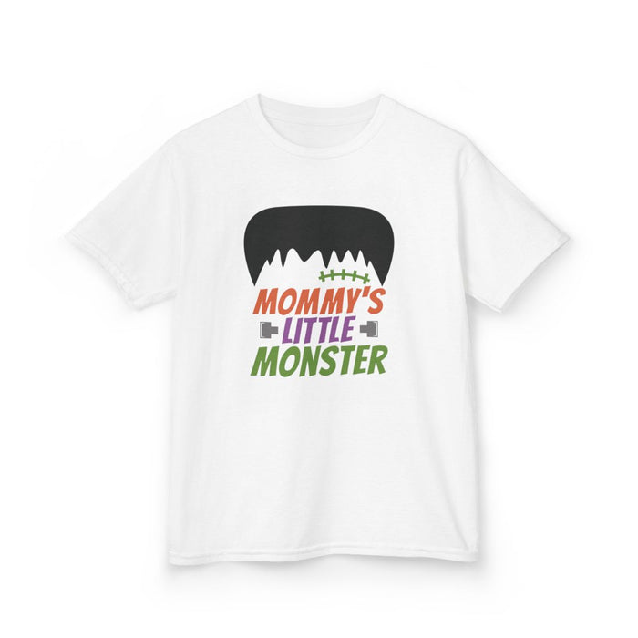 white kids t-shirt with mommy's little monster halloween design