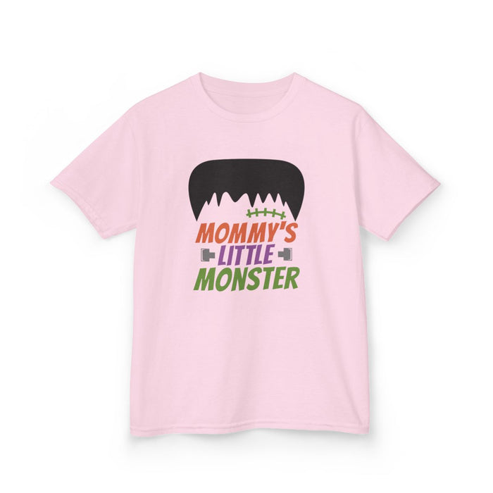 light blue kids t-shirt with mommy's little monster spooky graphic