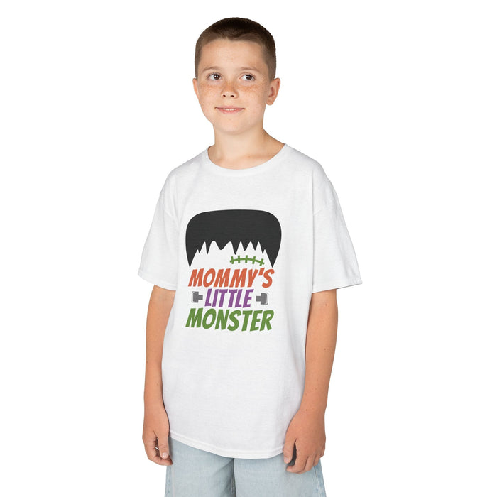 white kids halloween t-shirt showing mommy's little monster front print