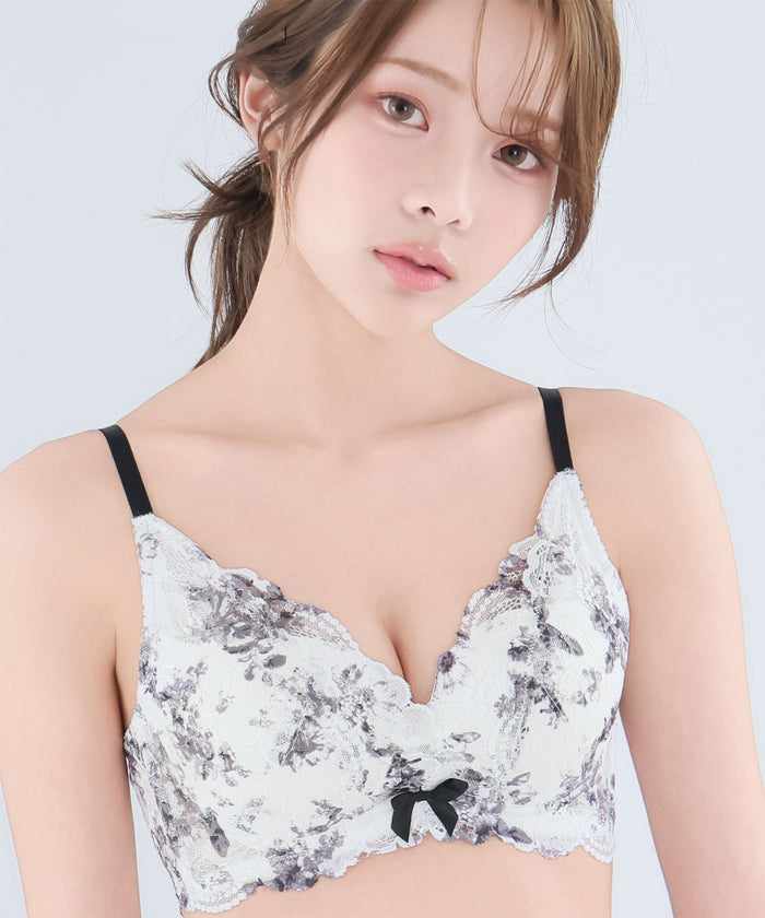 Monotone Flower Side Support Lace Push-Up Bra
