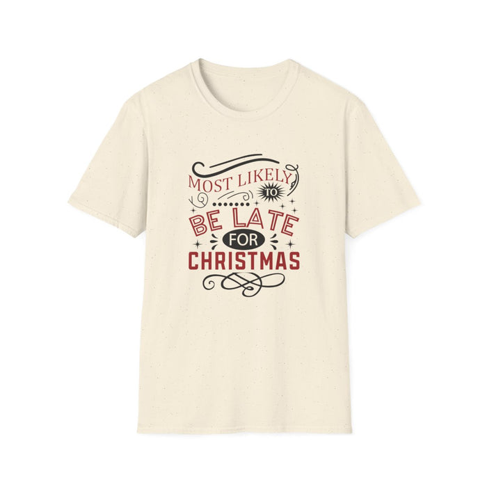 light blue t-shirt with most likely to be late for christmas graphic